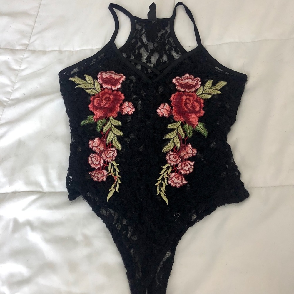 Black Laced Floral Bodysuit